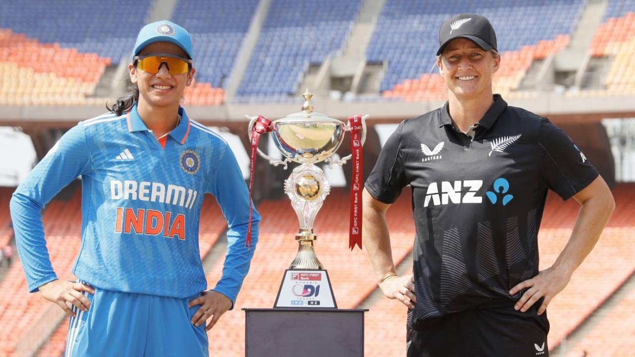 Smriti Mandhana and Sophie Devine pose with the ODI trophy, India vs New Zealand, 1st ODI, Ahmedabad, October 24, 2024 