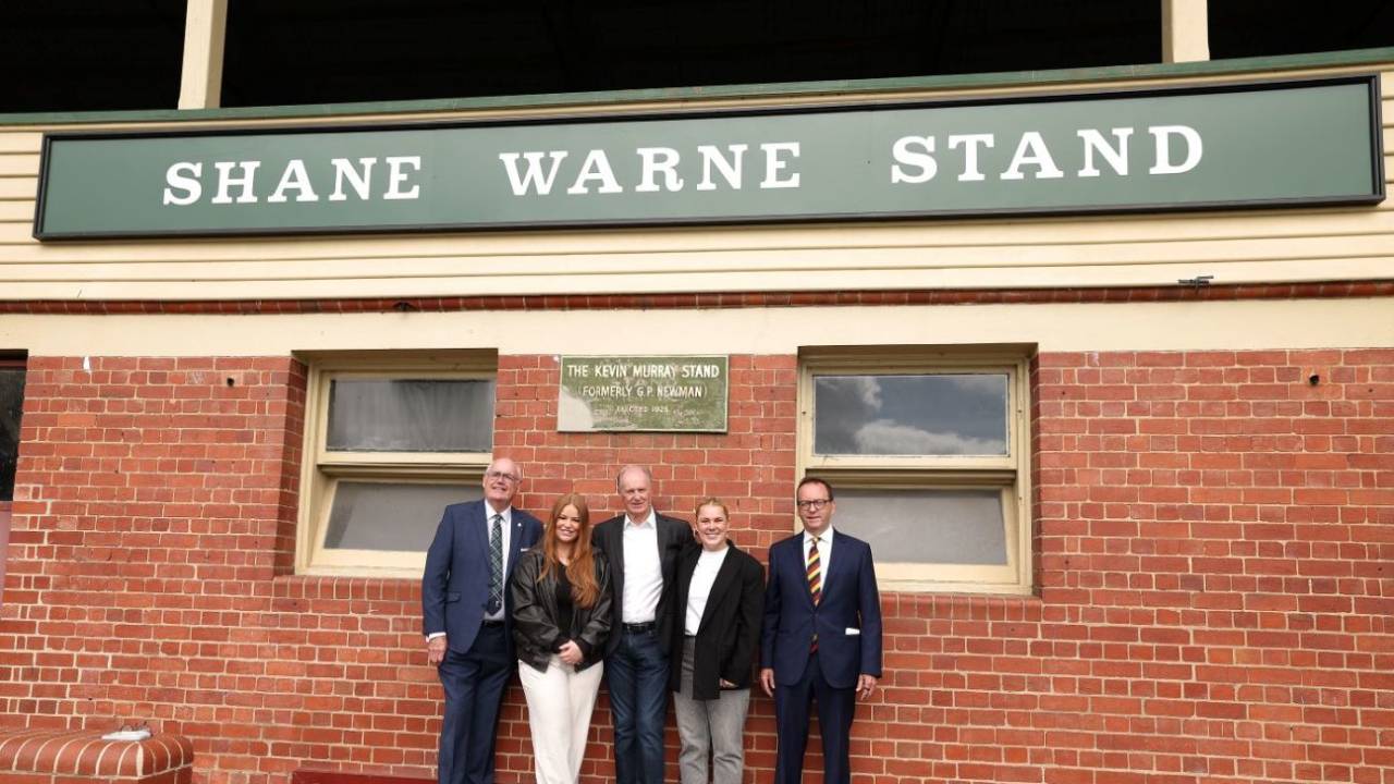 Ross Hepburn, Brooke, Summer and Keith Warne and Paul Ryan unveil the renamed Shane Warne Stand at the Junction Oval in Melbourne