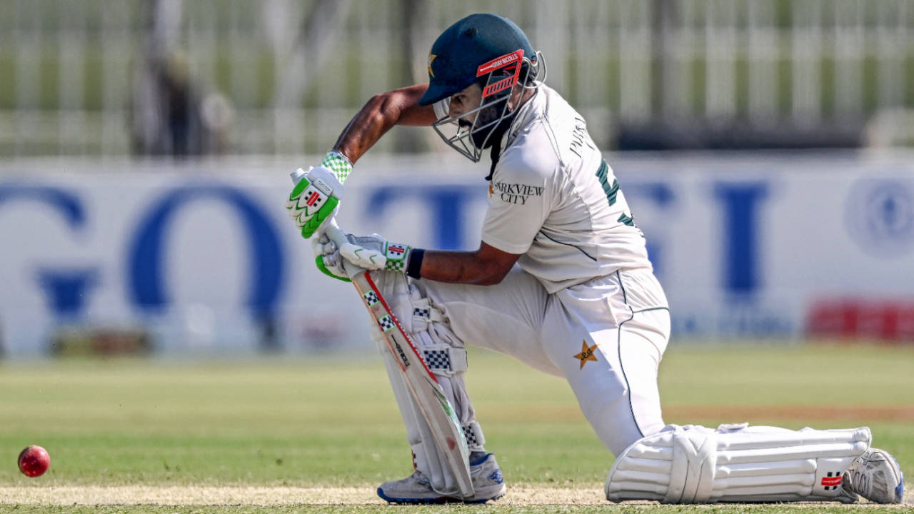 Saud Shakeel plays watchfully during his half-century, Pakistan vs England, 3rd Test, Rawalpindi, 2nd day, October 25, 2024