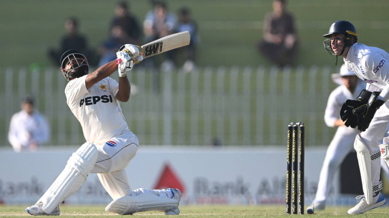 Sajid Khan cuts loose during his vital innings for Pakistan, Pakistan vs England, 3rd Test, Rawalpindi, 2nd day, October 25, 2024