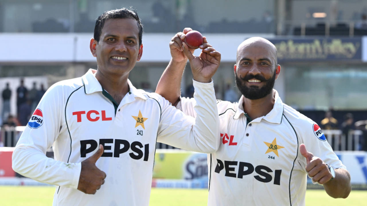 Noman Ali and Sajid Khan pose with the match ball after the third Test, Pakistan vs England, 3rd Test, Rawalpindi, 3rd day, October 26, 2024