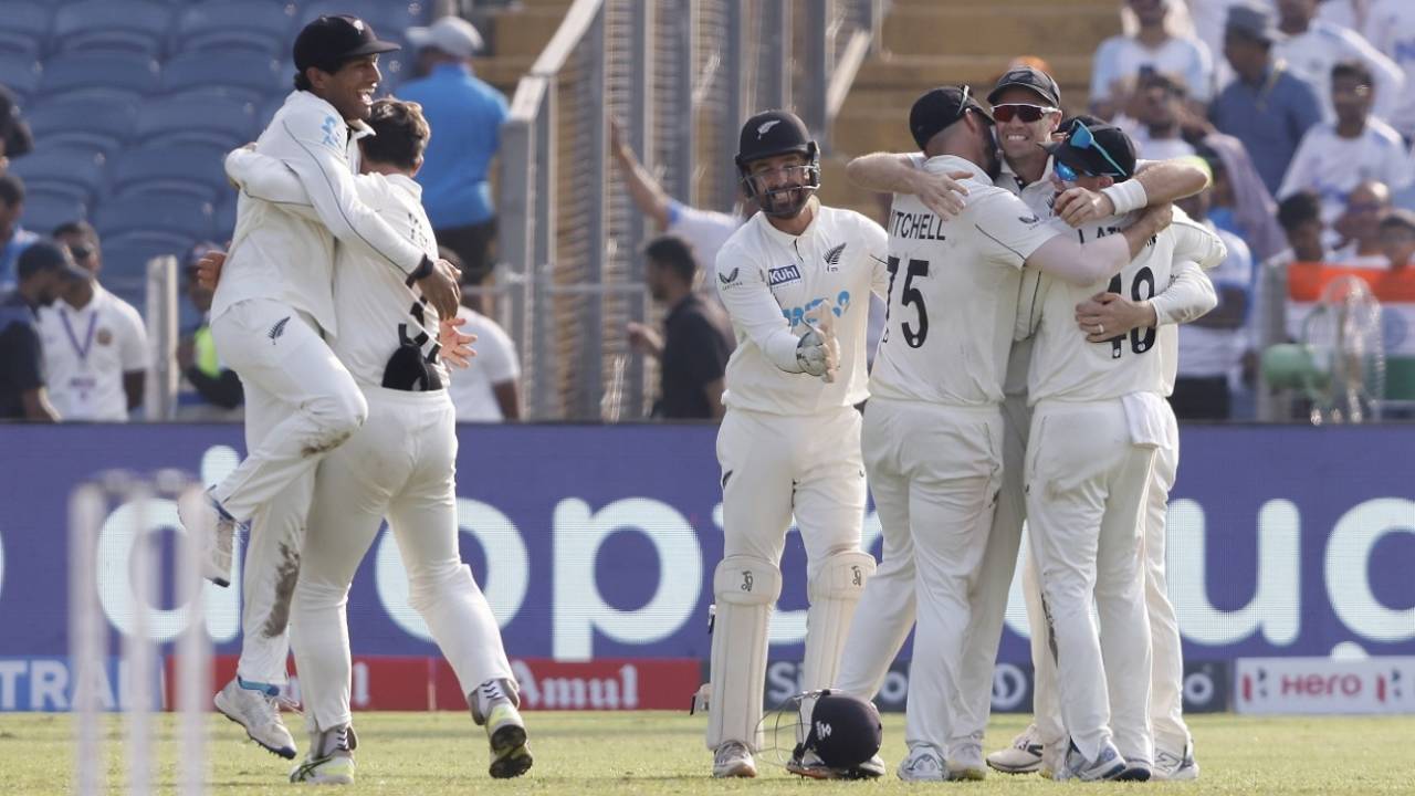 The New Zealand players rejoice after their first Test series win in India, India vs New Zealand, 2nd Test, Pune, 3rd day, October 26, 2024