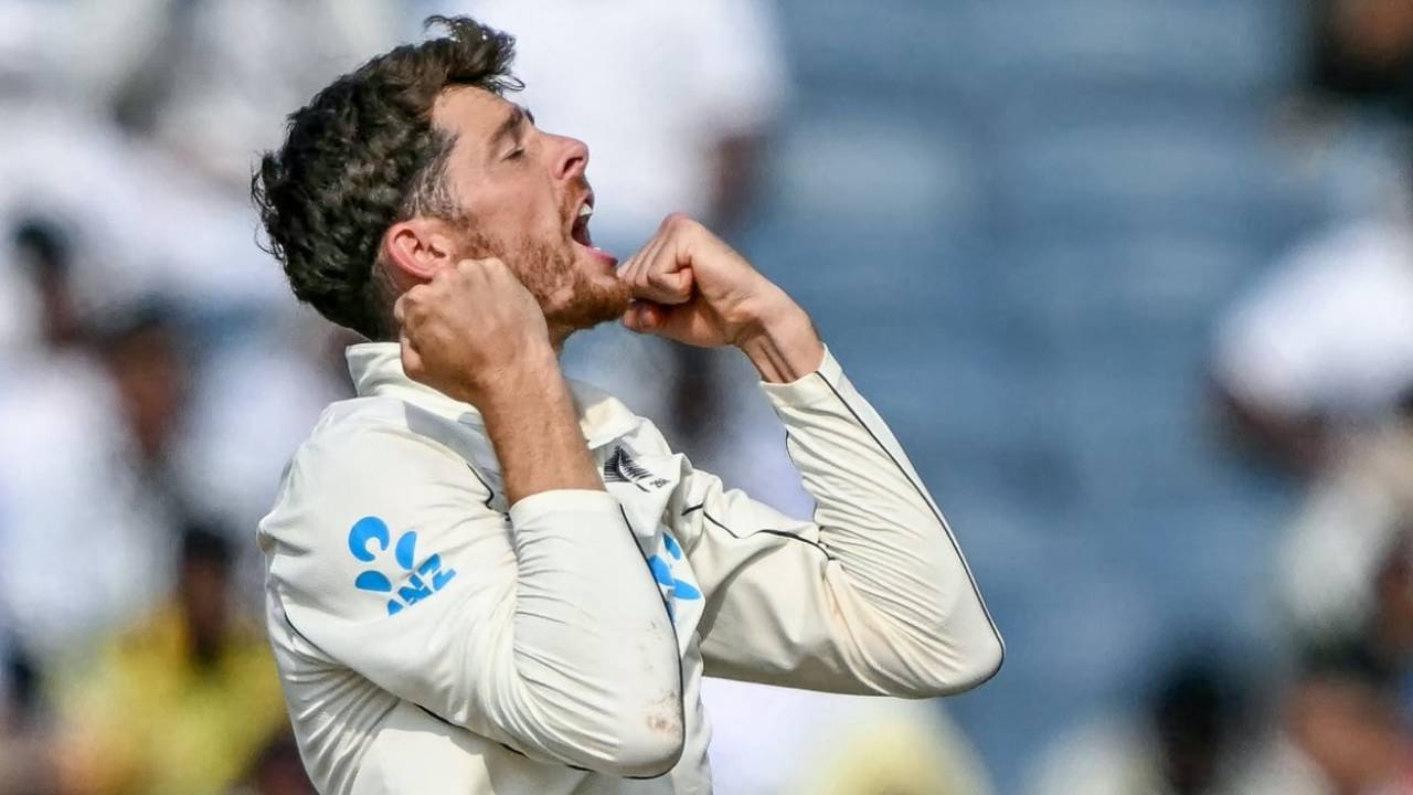 Mitchell Santner soaks it in after his 13th wicket of the match, India vs New Zealand, 2nd Test, Pune, 3rd day, October 26, 2024