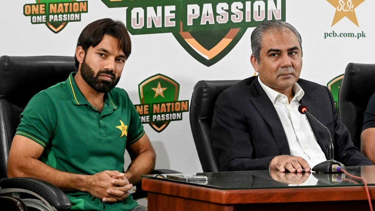 Mohammad Rizwan and PCB chairman Mohsin Naqvi speak to the media, Lahore, October 27, 2024