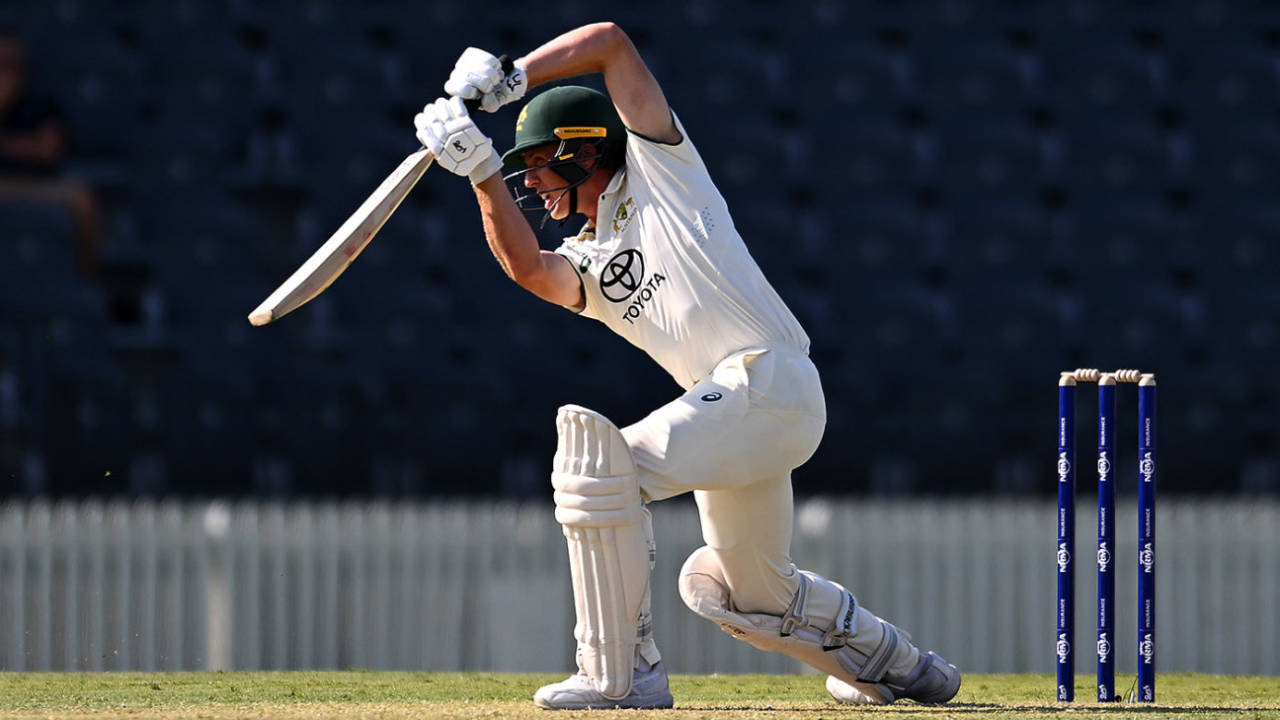 Nathan McSweeney drives, Australia A vs India A, 1st four-day game, Mackay, October 31, 2024