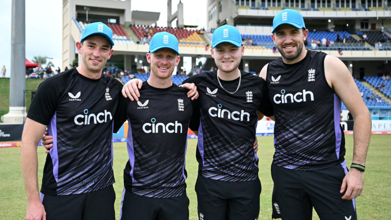 John Turner, Jordan Cox, Dan Mousley and Jamie Overton show off their maiden ODI caps, West Indies vs England, 1st ODI, Antigua, October 31, 2024