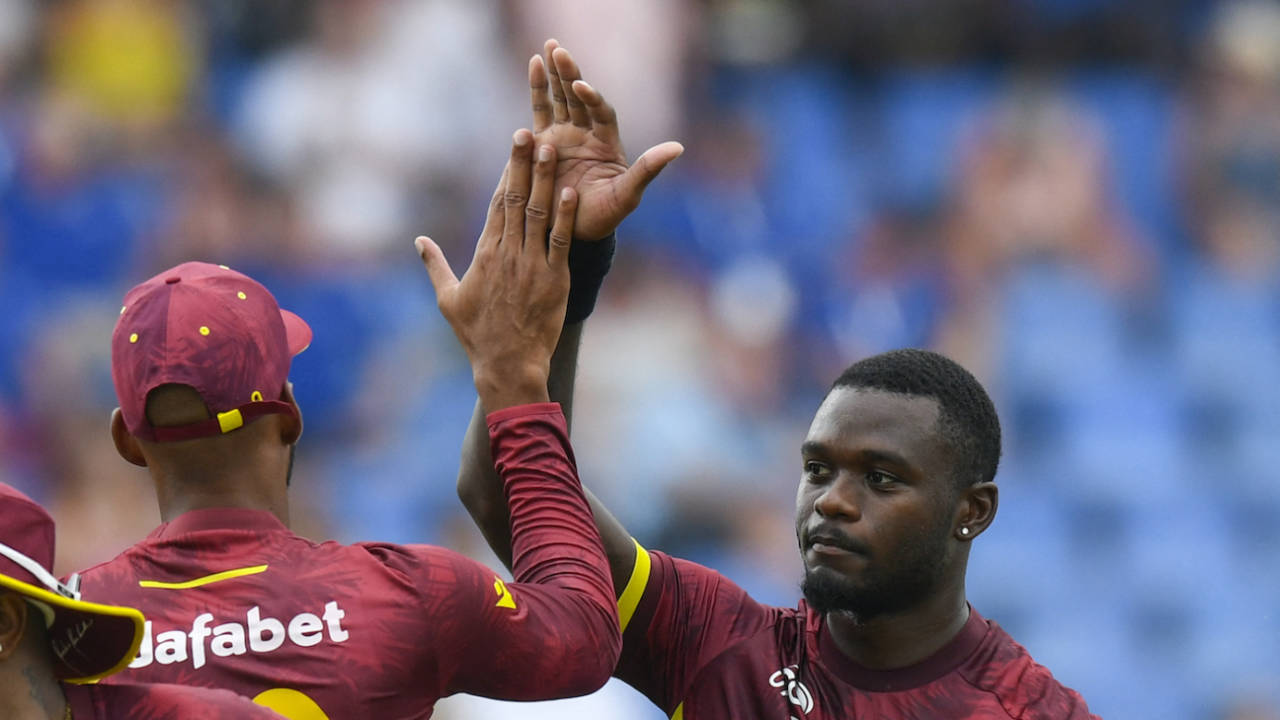 Jayden Seales celebrates the wicket of Phil Salt, West Indies vs England, 1st ODI, Antigua October 31, 2024