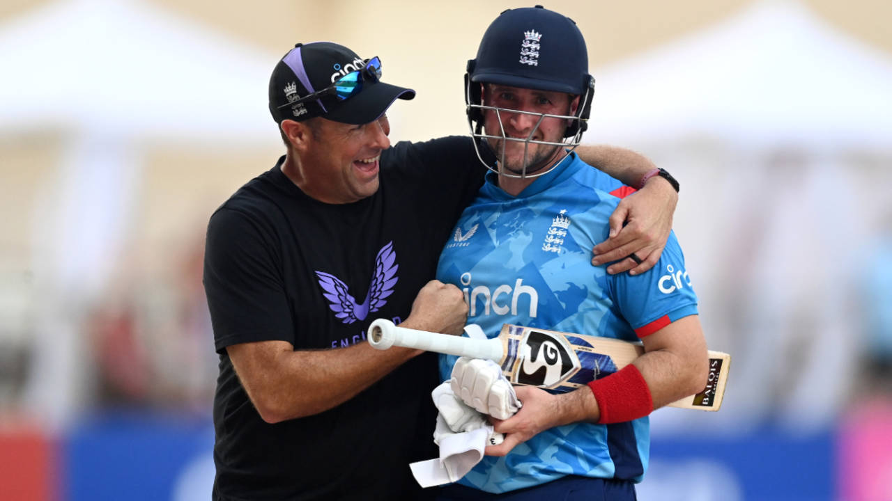 Marcus Trescothick congratulates Liam Livingstone for his captain's century, West Indies vs England, 2nd ODI, Antigua, November 2, 2024 
