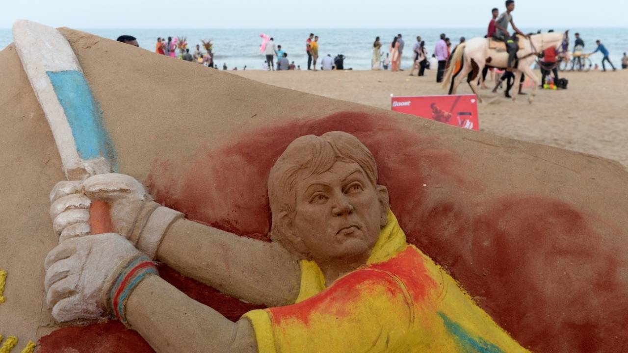 A sand sculpture depicting MS Dhoni on Elliot's Beach, Chennai, May 10, 2019