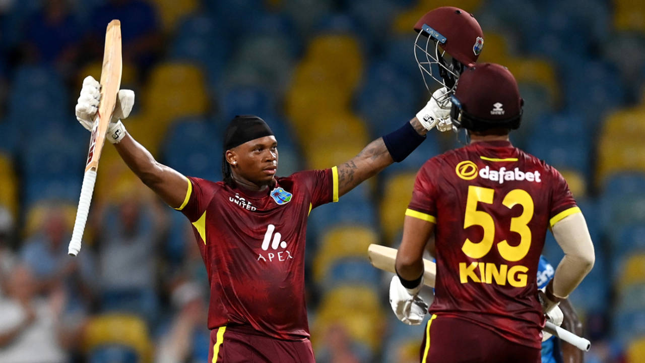 Keacy Carty celebrates reaching his maiden ODI hundred, West Indies vs England, 3rd ODI, Bridgetown, November 6, 2024