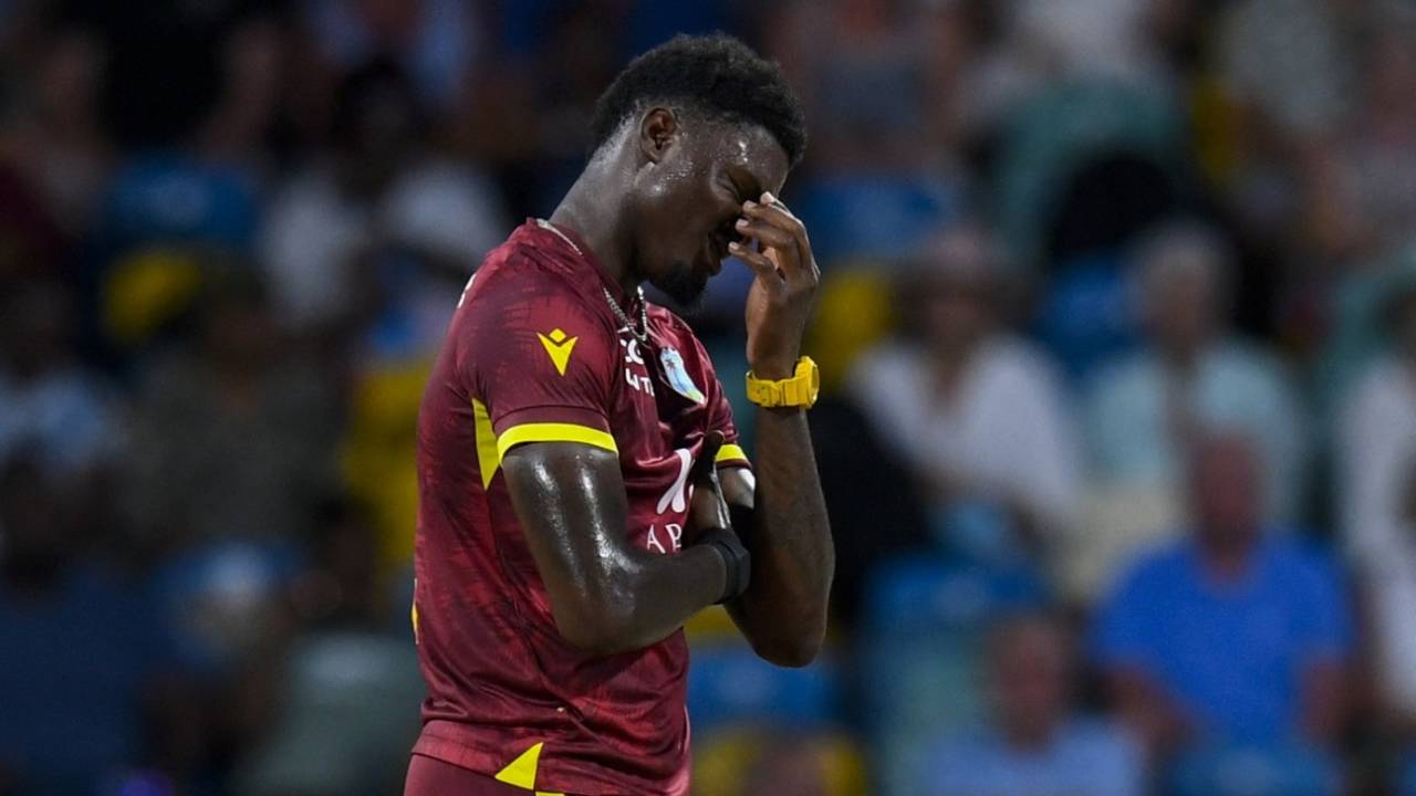 Alzarri Joseph reacts to a misfield, West Indies vs England, 3rd ODI, Bridgetown, November 6, 2024