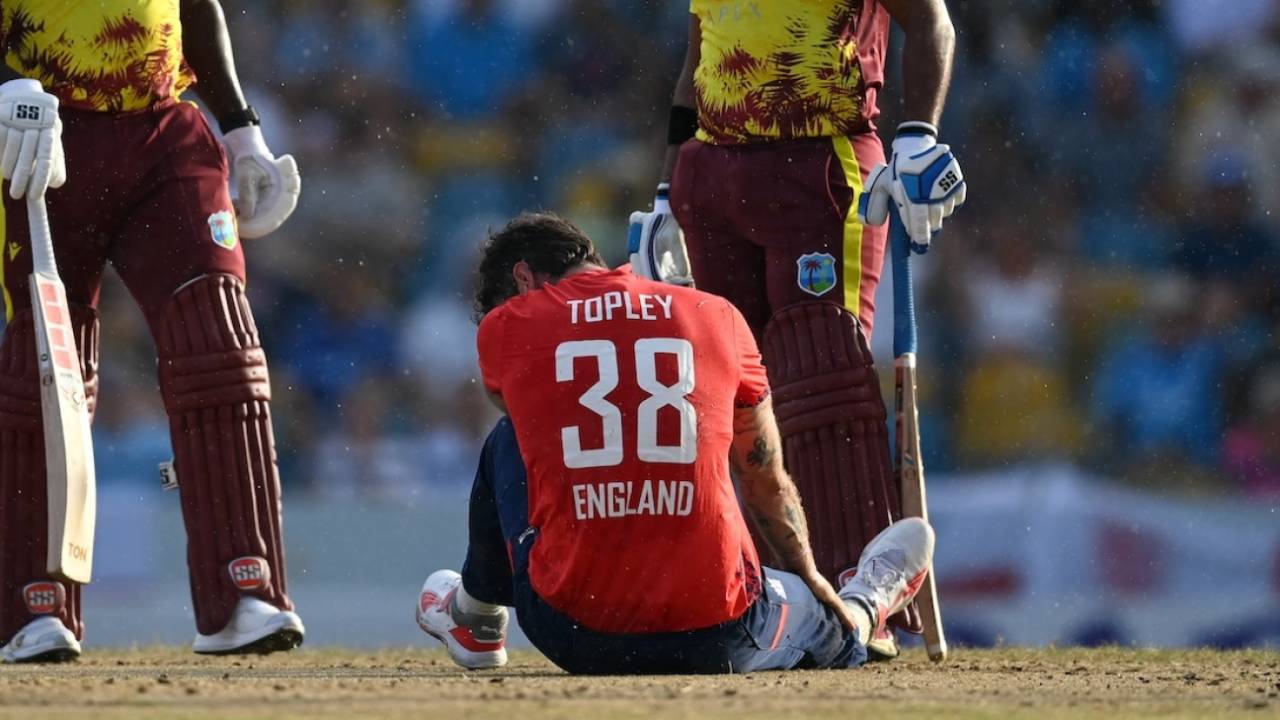 Reece Topley was forced off with a jarred right knee, West Indies vs England, Barbados, 1st ODI, November 9, 2024 