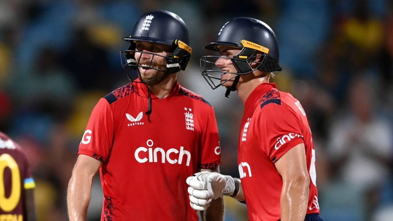 Phil Salt and Jacob Bethell share a laugh during their partnership, West Indies vs England, 1st T20I, Barbados, November 9, 2024