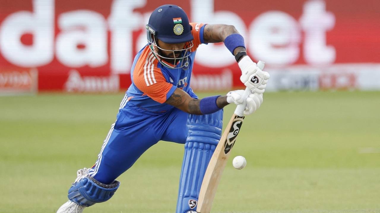 Hardik Pandya defends off the front foot, South Africa vs India, 2nd T20I, Gqeberha, November 10, 2024