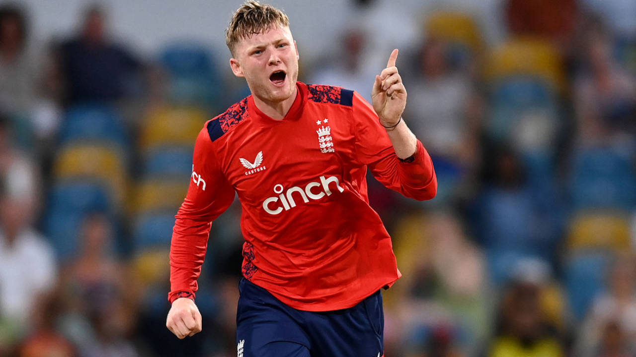 Dan Mousley celebrates his maiden international wicket, West Indies vs England, 2nd T20I, Barbados, November 10, 2024