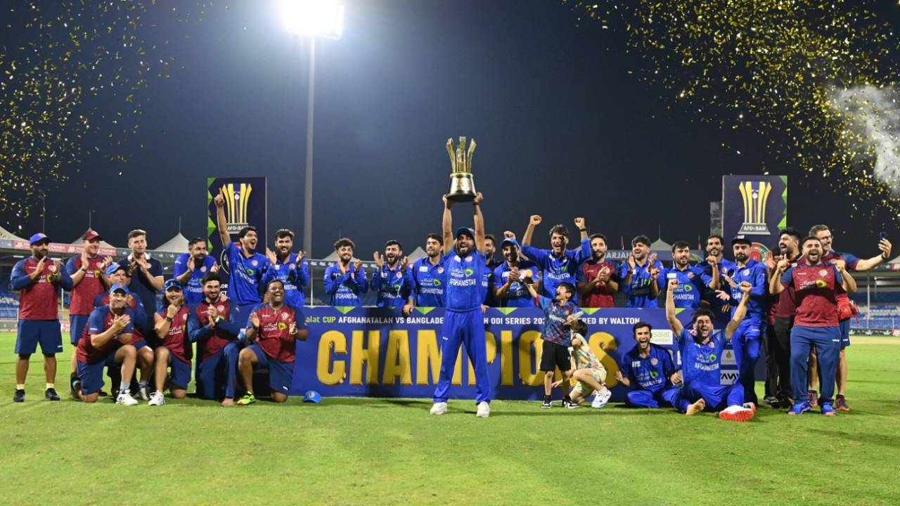 Afghanistan celebrate their 2-1 ODI series win over Bangladesh, Afghanistan vs Bangladesh, 3rd ODI, Sharjah, November 11, 2024