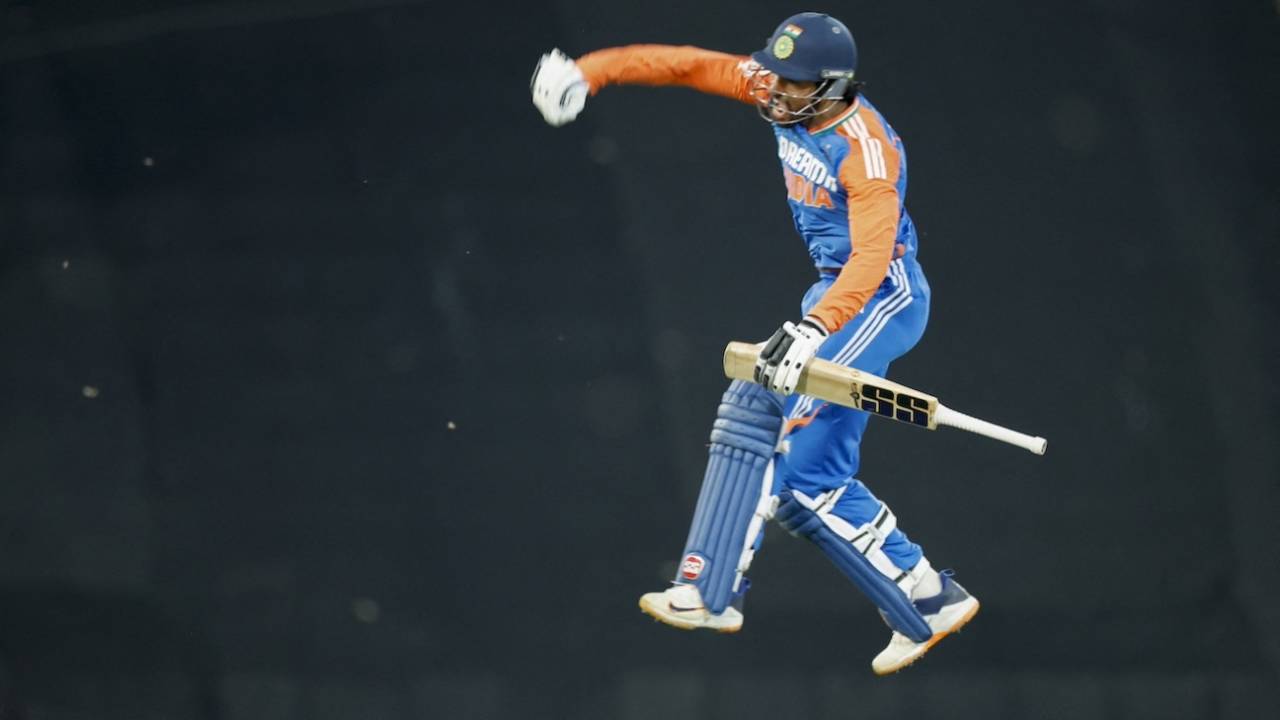 Tilak Varma leaps in celebration after bringing up his first international century, South Africa vs India, 3rd T20I, Centurion, November 13, 2024