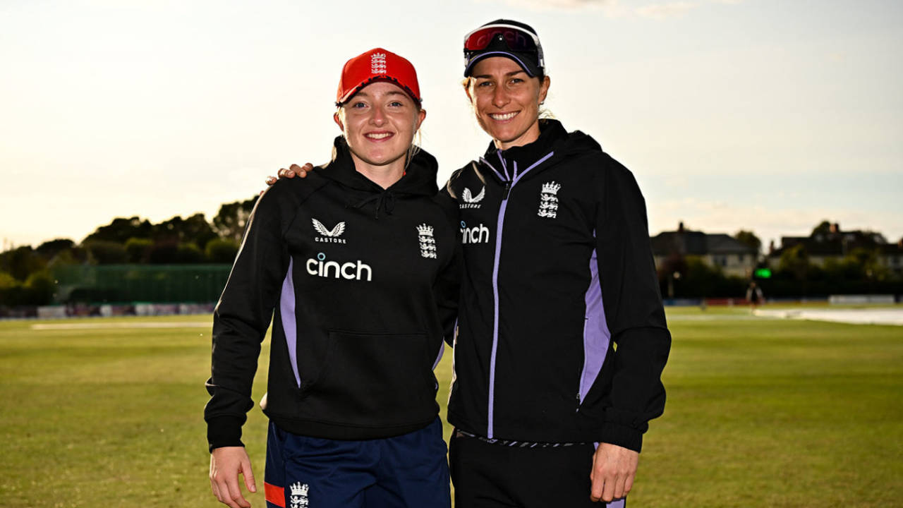 England Women assistant coach Courtney Winfield-Hill (right) with Charis Pavely, Ireland Women vs England Women, 1st T20I, Dublin, September 14, 2024