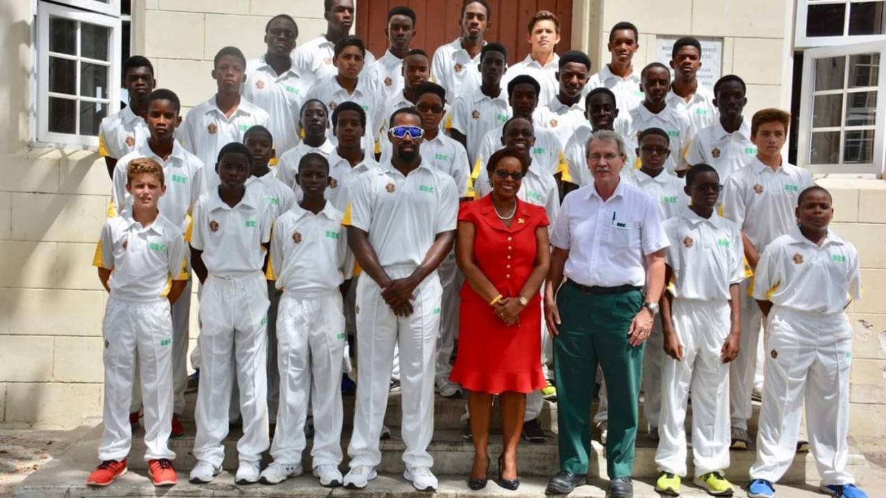 Harrison College cricket team, circa 2016, featuring Jacob Bethell (front left) and coach Corey Edwards (centre)