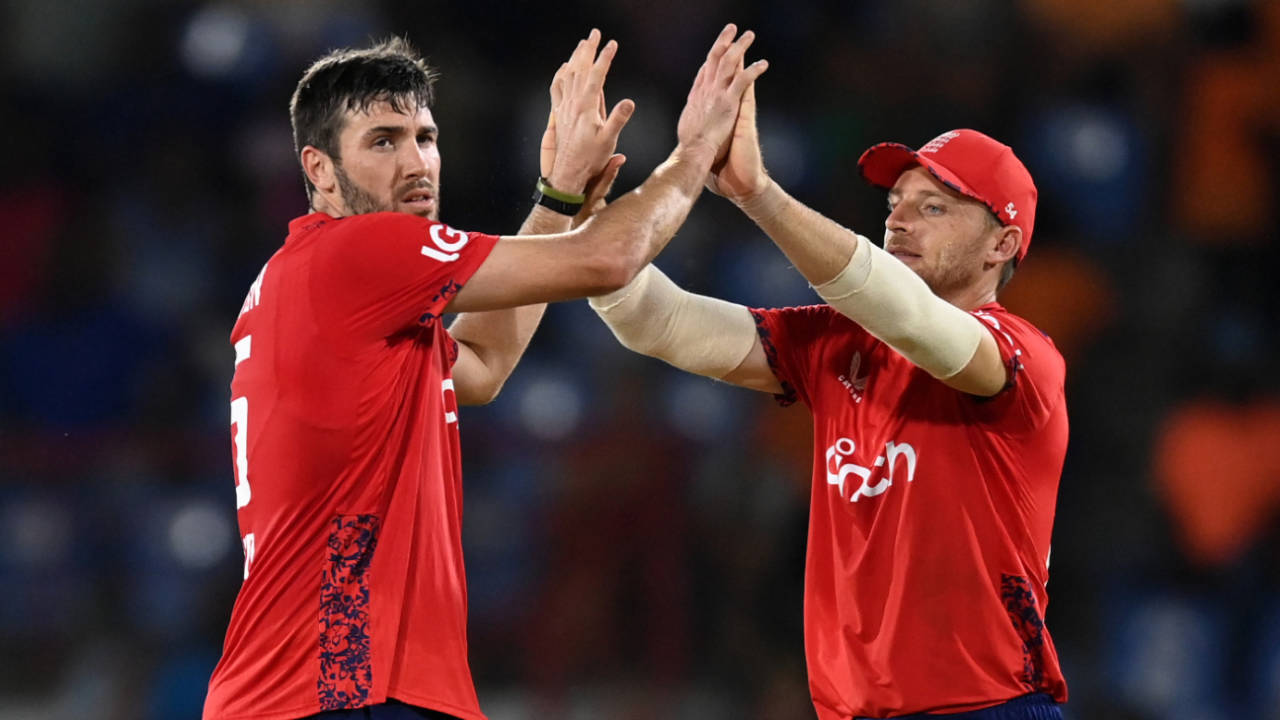 Jamie Overton celebrates with Jos Buttler after another wicket, West Indies vs England, 3rd T20I, Gros Islet, November 14, 2024