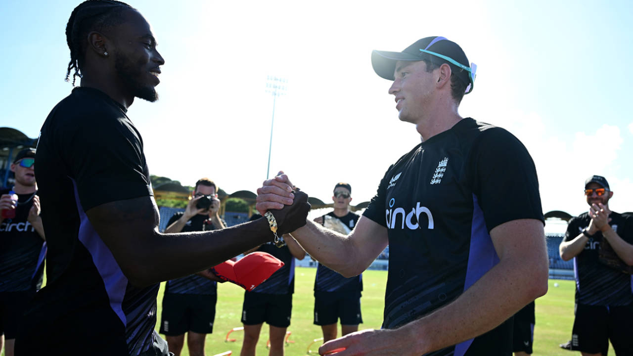 Jofra Archer presents John Turner with his cap on T20I debut, West Indies vs England, 4th T20I, Gros Islet, November 16, 2024