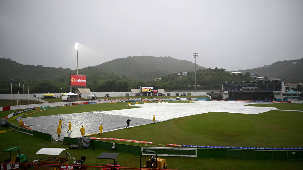 Ground staff bring on the covers as rain stops play, West Indies vs England, 5th T20I, Saint Lucia, November 17, 2024