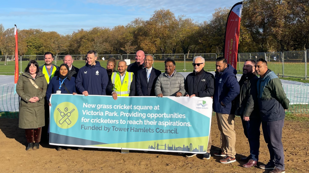 The launch of Tower Hamlets CC's new turf wicket in Victoria Park, with Mayor Lutfur Rahman (centre), November 13, 2024