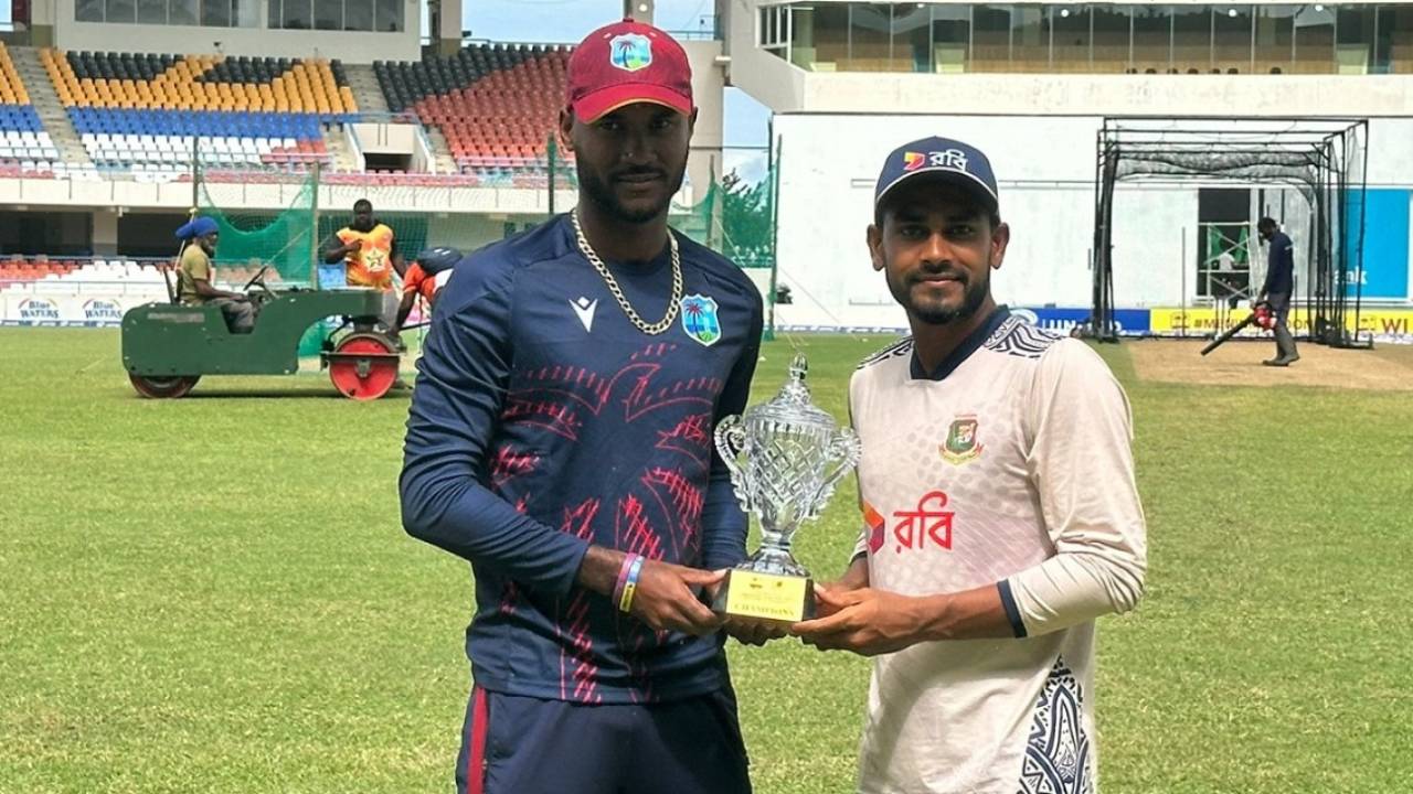 West Indies captain Kraigg Brathwaite and Bangladesh stand-in captain Mehidy Hasan Miraz with the series trophy, North Sound, November 21, 2024