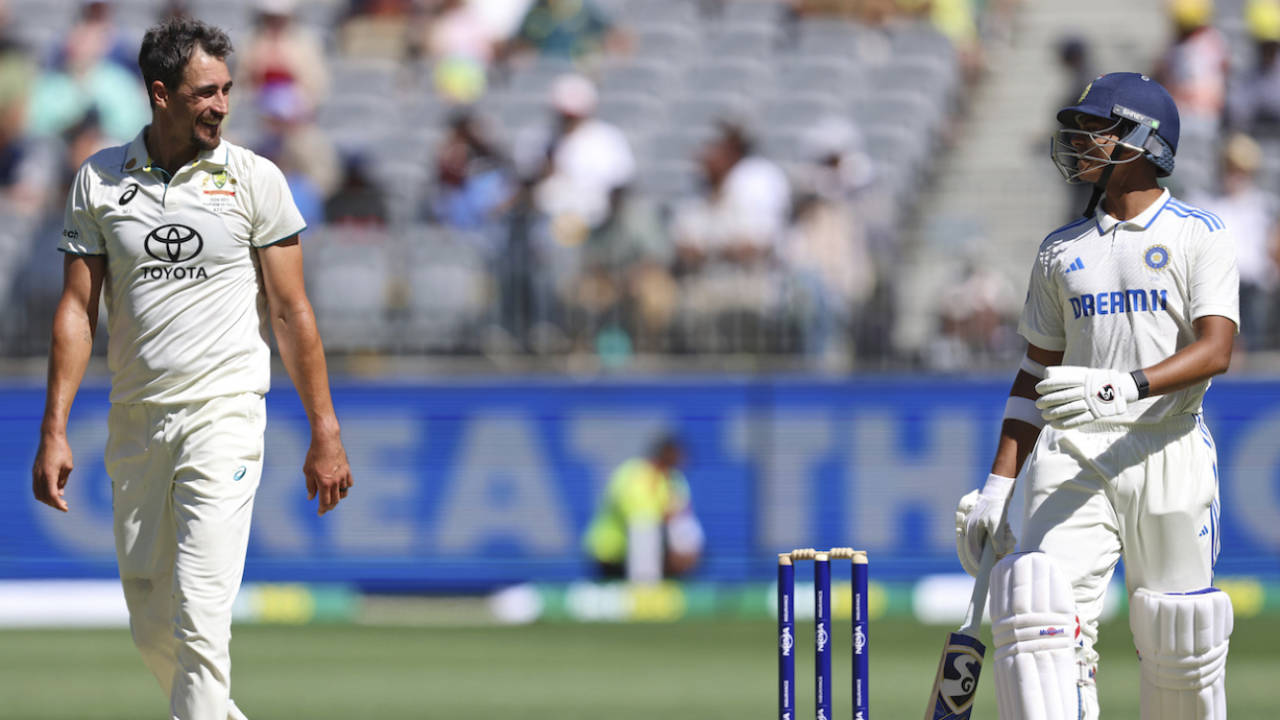 Mitchell Starc and Yashasvi Jaiswal share a laugh, Australia vs India, 1st Test, Perth, 2nd day, November 23, 2024