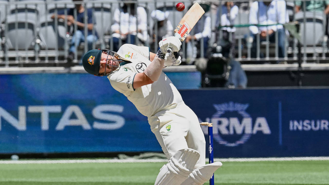Limbo: Travis Head sways away from a short delivery, Australia vs India, 1st Test, 4th day, Optus Stadium, November 25, 2024
