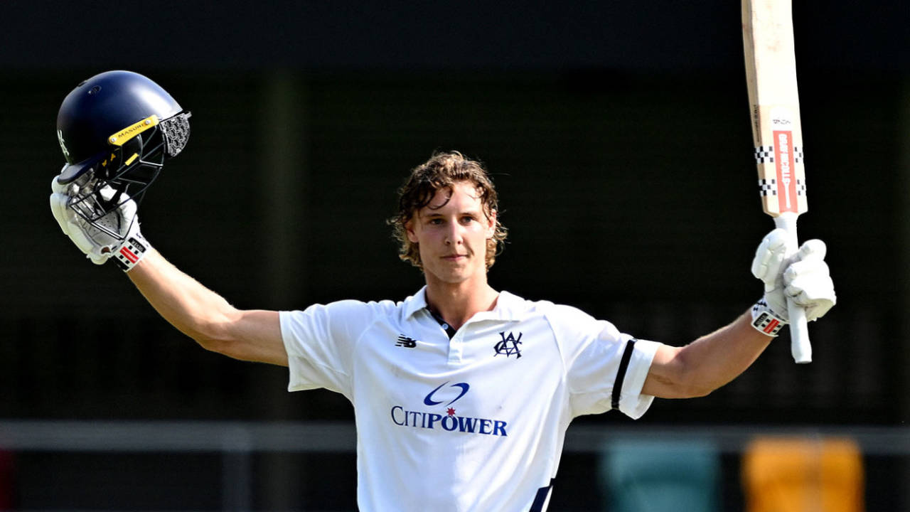 Campbell Kellaway celebrates his maiden first-class century, Queensland vs Victoria, Sheffield Shield, Gabba, November 26, 2024