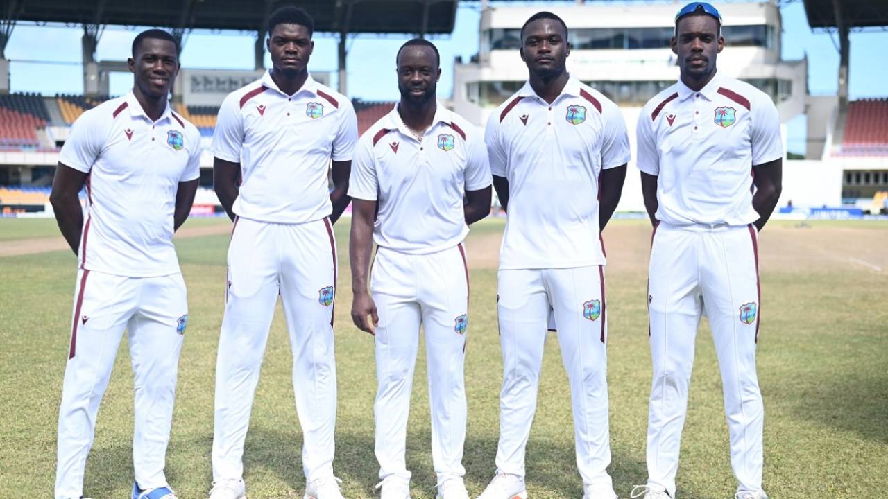 Shamar Joseph, Alzarri Joseph, Kemar Roach, Jayden Seales and Justin Greaves strike a pose, West Indies vs Bangladesh, 1st Test, North Sound, 5th day, November 26, 2024