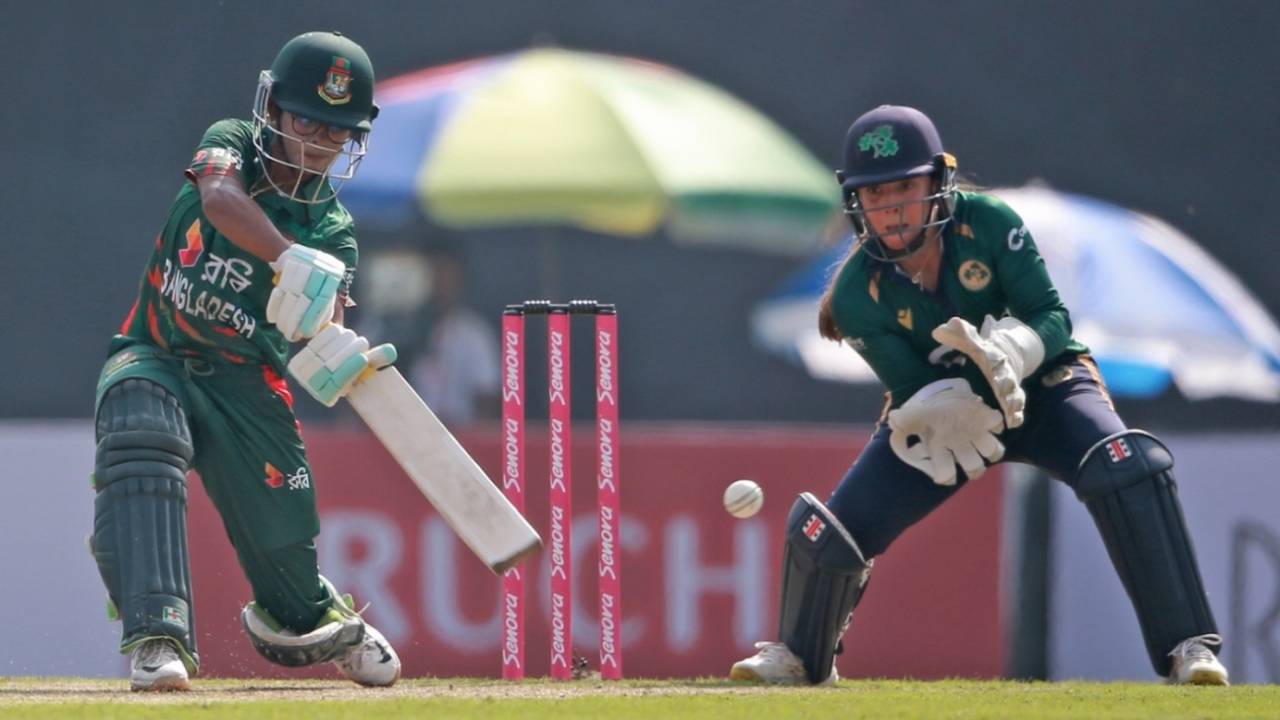 Murshida Khatun drives one through the off side, Bangladesh vs Ireland, 1st women's ODI, Mirpur, November 27, 2024