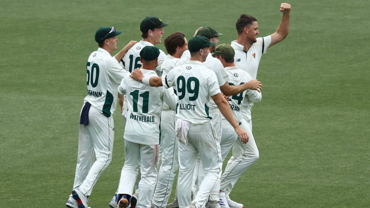 Tasmania celebrate their first Sheffield Shield win of the season, New South Wales vs Tasmania, Sheffield Shield, SCG, November 27, 2024