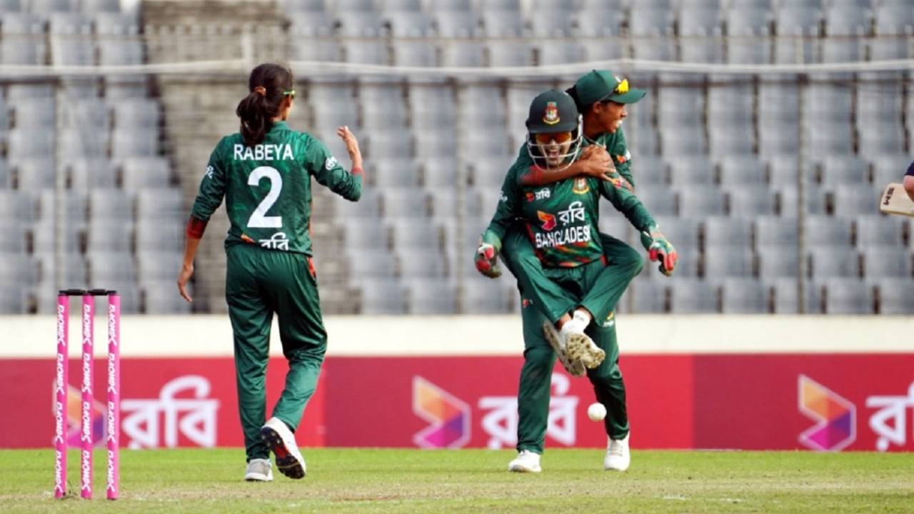 Rabeya Khan, Shorna Akther and Nigar Sultana celebrate Bangladesh's win, Bangladesh vs Ireland, 1st women's ODI, Mirpur, November 27, 2024