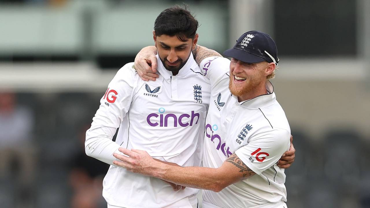 Shoaib Bashir and Ben Stokes celebrate New Zealand vs England, 1st Men's Test, Day 1, Christchurch, November 28, 2024