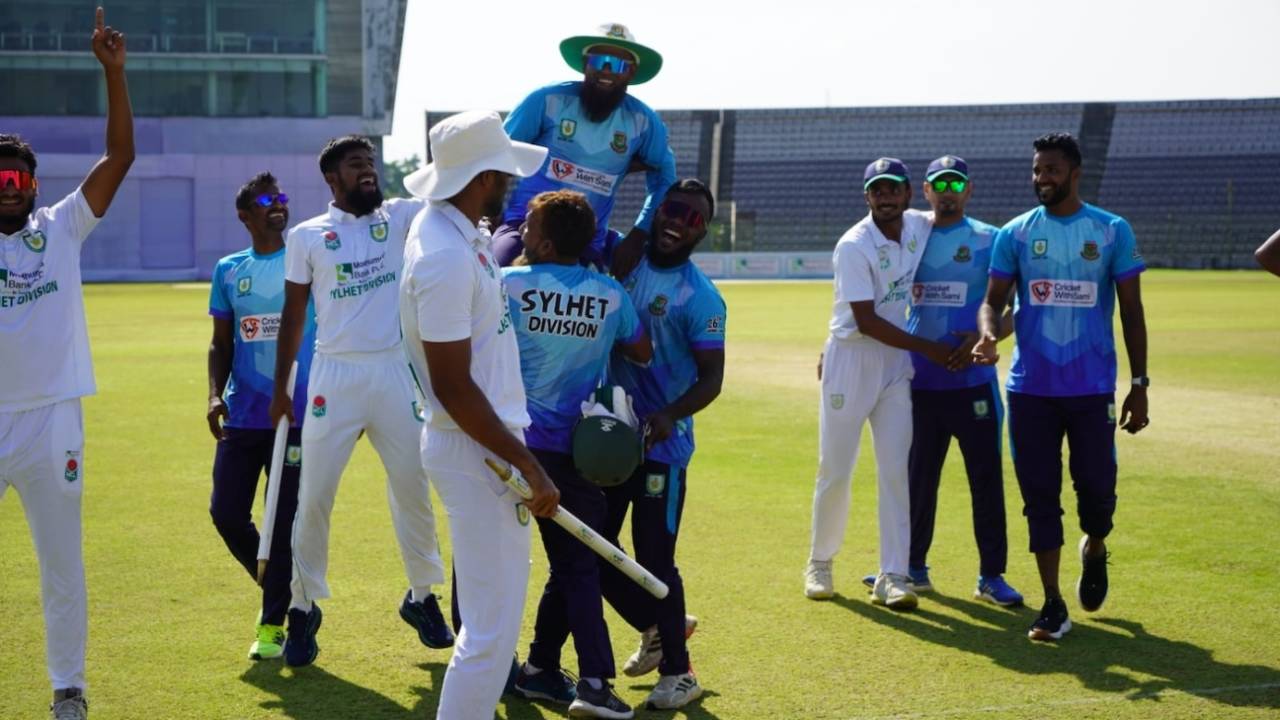 Sylhet Division head coach Rajin Saleh is lifted by support staff members after victory, Sylhet Division vs Barishal Division, NCL 2024, Sylhet, 4th day, November 26, 2024