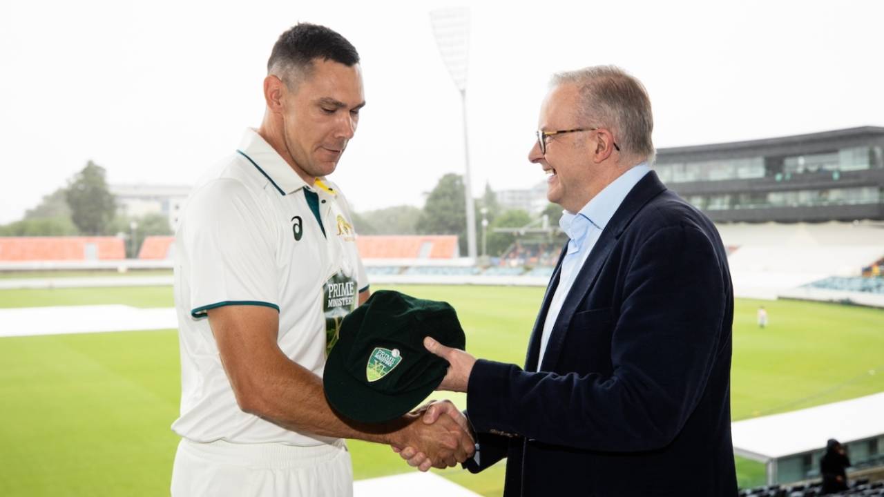 Scott Boland gets his cap from Australian prime minister Anthony Albanese, Prime Minister's XI vs Indians, Tour match, 1st day, Canberra, November 30, 2024