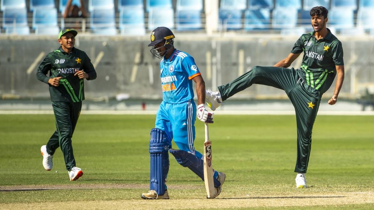 Abdul Subhan celebrates the wicket of Ayush Mhatre , India vs Pakistan, Under-19s Asia Cup, Dubai, November 30, 2024