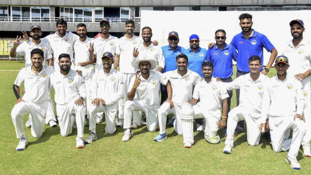 The Chandigarh players pose after their win, Assam vs Chandigarh, 4th day, Guwahati, Ranji Trophy, October 21, 2024