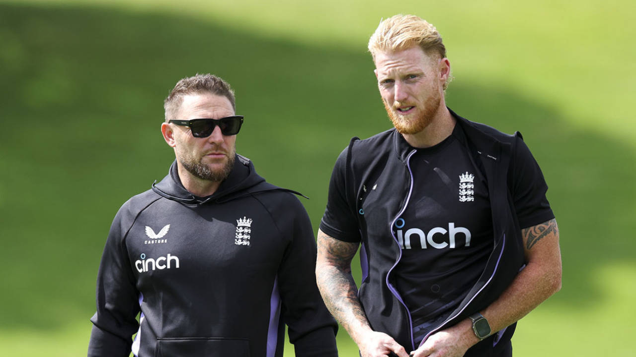 Brendon McCullum and Ben Stokes talk during an England training session at Basin Reserve, Wellington, December 04, 2024