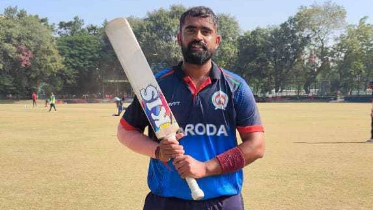 Bhanu Pania strikes a pose, Baroda vs Sikkim, Syed Mushtaq Ali Trophy, Indore, December 5, 2024