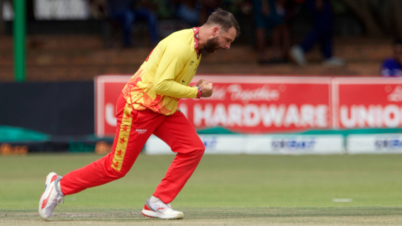 Ryan Burl finished with figures of 3-0-15-1, including the wicket of Qasim Akram, Zimbabwe vs Pakistan, 3rd men's T20I, Bulawayo, December 5, 2024