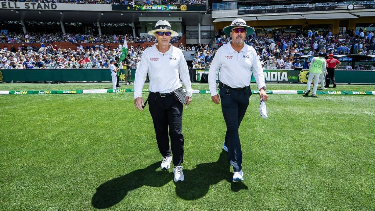 Chris Gaffaney and Richard Illingworth head out at the start of day three, Australia vs India, 2nd Test, Adelaide, 3rd day, December 8, 2024