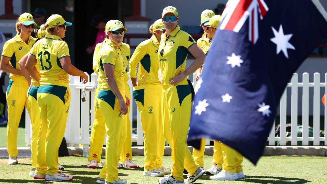 Tahlia McGrath and Megan Schutt look on before Australia walk out, Australia vs India, 2nd Women's ODI, Brisbane, December 8, 2024