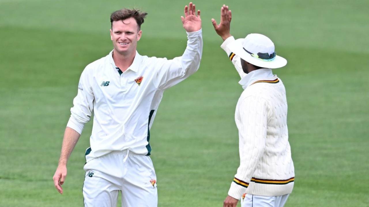 Matt Kuhnemann celebrates a wicket, Tasmania vs South Australia, Day 3, Sheffield Shield, Hobart, December 8, 2024