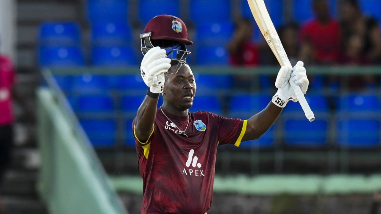 Sherfane Rutherford celebrates his maiden hundred, West Indies vs Bangladesh, 1st ODI, St Kitts, December 8, 2024