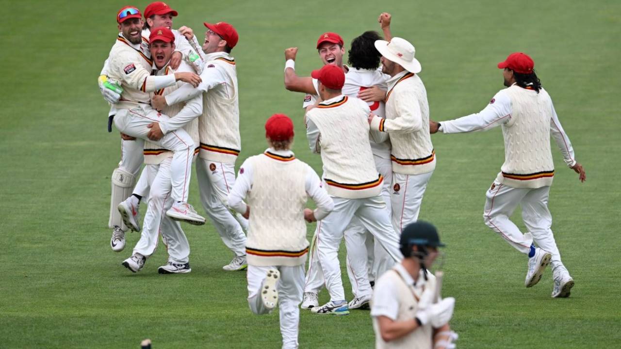 South Australia players celebrate a two-run win, Tasmania vs South Australia, Day 4, Sheffield Shield, Hobart, December 9, 2024