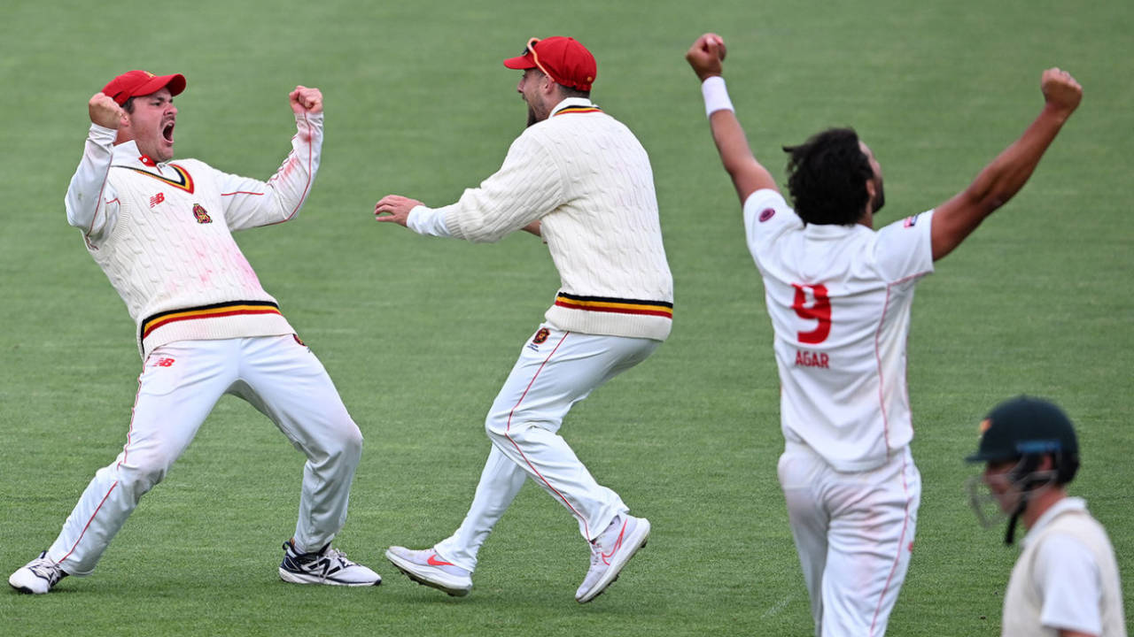 Wes Agar (right) and South Australia team-mates at the moment of victory, Tasmania vs South Australia, Day 4, Sheffield Shield, Hobart, December 9, 2024