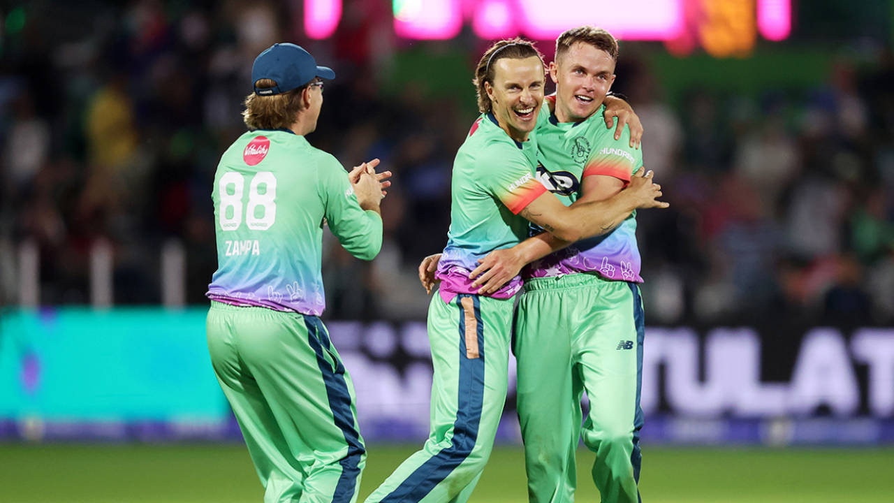 Tom Curran, Sam Curran and Adam Zampa celebrate the Invincibles' title, Oval Invincibles vs Southern Brave, Men's Hundred final, Lord's, August 18, 2024
